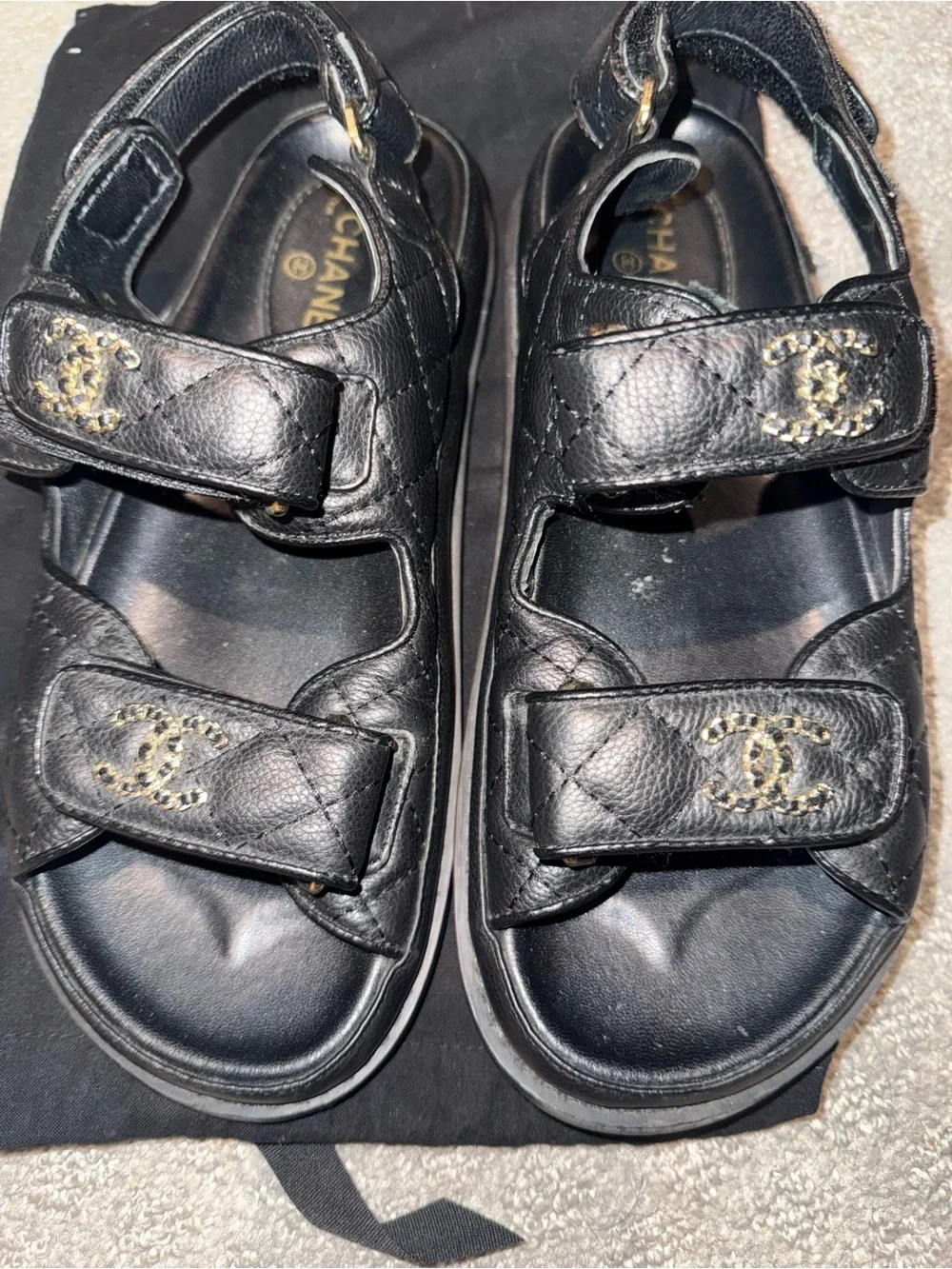 CHANEL Black Quilted Leather Double-Strap Sandals with Gold CC Logo